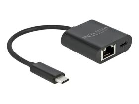 DeLock USB-C adaptér Gigabit LAN čierna / Adaptér / 10/100/1000 Mbps / USB PD 60W (66644)