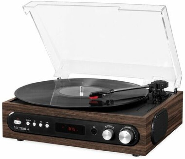 Victrola VTA-65 hnedá / Gramofón s rádiom / 33 amp; 45 amp; 78 RPM / FM / BT / RCA / repro (VTA-65-ESP-EU)