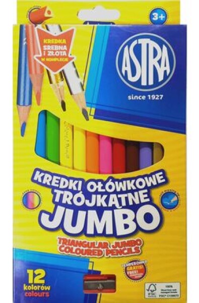 ASTRA Trojhranné pastelky 12ks Jumbo s strúhadlom (vrátane zlatej a striebornej farby) (158483)