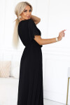 545-5 Dlhé šaty so skladaným výstrihom a viazaním - ČIERNE UNI