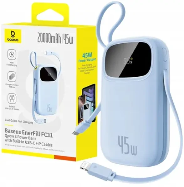 Baseus EnerFill FC31 Qpow 3 modrá / Powerbanka / 20000mAh / 45W / USB-C a Lightning v tele / USB-A