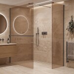 CERANO - Sprchová zástena Walk-in Onyx TL/P - 8 mm - hranatá vzpera + polička/držiak na uteráky - čierna matná, bronzové sklo - 160x100x200 CER-689620