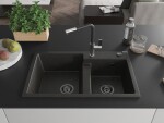 MEXEN/S MEXEN/S - Tomas granitový drez 2-bowl vrátane batérie Flora, čierna/zlatá metalik 6516-75-670401-07-B
