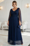655-3 Dlhé ľahké trblietavé šaty s výstrihom a priehľadnými rukávmi - tmavomodré UNI