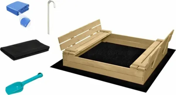 SAND TROPIC Drevené pieskovisko s lavičkami a príslušenstvom 150x137cm (prírodné)