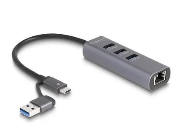 DeLock 3 Port USB 5 Gbps + Gigabit LAN sivá / USB hub / USB-C / 3× USB-A 5 Gbps / 1× RJ-45 / 0,2 m (64282)