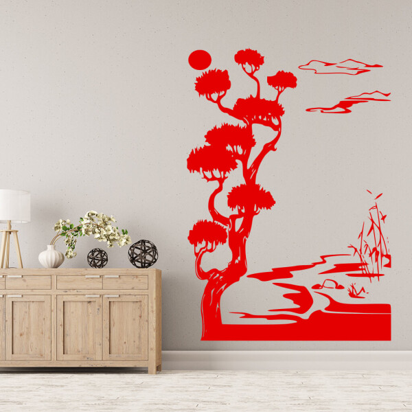 Veselá Stena Samolepka Japonská krajina Farba: červená, Veľkosť: 100 x 69 cm