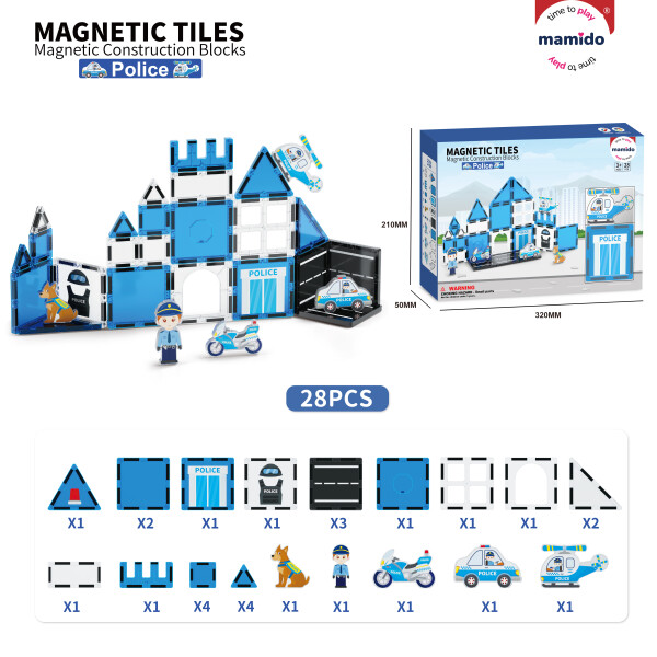 Mamido Mamido Magnetická stavebnica polícia 28 dielov, policajná motorka, vrtuľník, auto, pes MT1479