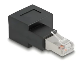 DeLock / Adaptér RJ45 zástrčka-zásuvka 90 ° / Cat.6A / pozlátené kontakty / čierna (87864)