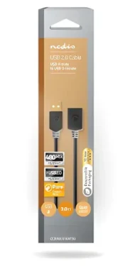 Nedis USB-A predlžovací kábel antracit / Dátový kábel / USB 2.0 / 480 Mbps / pozlátené konektory / 3 m (CCBW60010AT30)