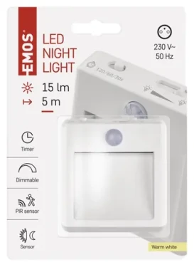Emos P3319 / LED nočné svetlo / do zásuvky 230V / PIR čidlo / fotosenzor / vypínač / 15 lm (1456000160)