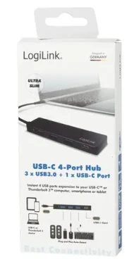 LogiLink USB-C Hub čierna / USB hub / 3x USB-A 3.2 / 1x USB-C / ultratenký (UA0311)