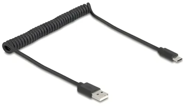 DeLock / Špirálový kábel USB 2.0 Typ-A na USB-C / 0,75 m / čierny (90368)