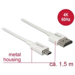 Delock HDMI prepojovací kábel Zástrčka HDMI-A, Zástrčka HDMI Micro-D 1.50 m biela 85150 4K UHD, pozlátené kontakty HDMI kábel; 85150