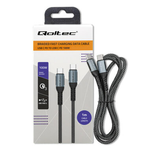 Qoltec 52357 Kábel USB-C 2.0 (M) - USB-C 2.0 (M) 1m čierna / PD 100W / QC 3.0 (52357)