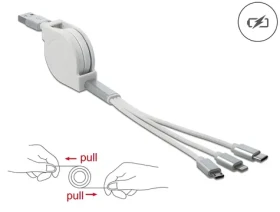 DeLock USB-A 3v1 biela / Nabíjací kábel / Lightning, Micro-USB, USB-C / Zmotávací (85850)