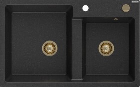 MEXEN/S MEXEN/S - Tomas granitový drez 2-bowl 800x500 mm, čierny/striebro metalík + zlatý sifón 6516802000-73-G