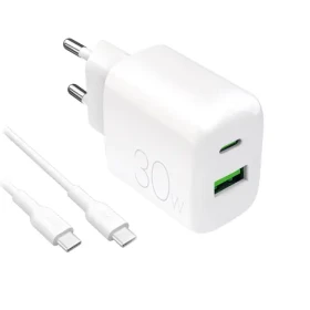 Puro PRO LITE biela / Sieťová nabíjačka / USB-A + USB-C / PD 30W / kábel USB-C-USB-C 1,2m
