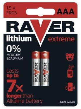 Batéria AAA Raver, 1,5V Lithium, vydrží až 7x dlhšie ako alkalické batérie, 2 ks (BATAAAR)