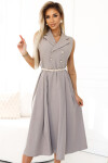 596-2 Elegantná midi košeľa so zlatými gombíkmi a opaskom - GREY BEige UNI