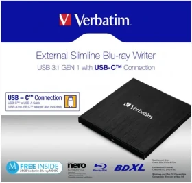 VERBATIM Slimline čierna / Blu-ray + DVD externá napaľovačka / USB 3.1 Gen. 1 / USB-C (43889)