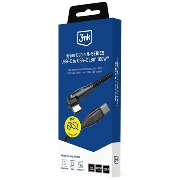 3mk Hyper kábel N-SERIES USB-C na USB-C 1m čierna / Nabíjací kábel / 180 ° otočný konektor / 100W / PD 3.0 / QC 3.0 (5903108758222)