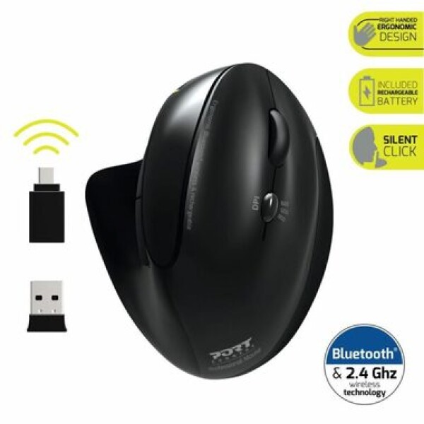 PORT CONNECT Ergonomic Rechargeable čierna / bezdrôtová ergonomická myš / USB-A 2.4GHz dongle / 1600 DPI (900706-BT)