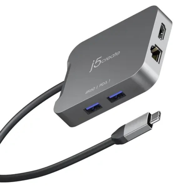 J5Create 4K60 Elite šedá / Adaptér / USB-C / HDMI 4K / 2x USB-A / RJ-45 (JCD3191-N)