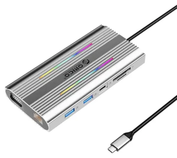 Orico USB-C hub 12v1 RGB šedá / USB-C hub / PD 100W / 2x HDMI 4K 60Hz / VGA / RJ45 Gigabit (ORICO-XDR-X1-SV-BP)