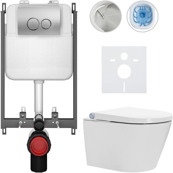 CERANO - Závesné WC s bidetom Basic/Cronus Standard - biela lesklá - WC tlačidlo Dualo/Strieborná - na zamurovanie - 59,3x38,4 CER-8050BD86431
