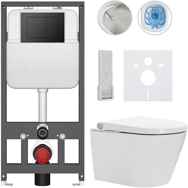 CERANO - Závesné WC s bidetom Basic/Cronus Premium - biela lesklá - WC tlačidlo Maxio/Čierna - závesné - predstenová inštalácia - 59,3x38,4 CER-8050BD86488