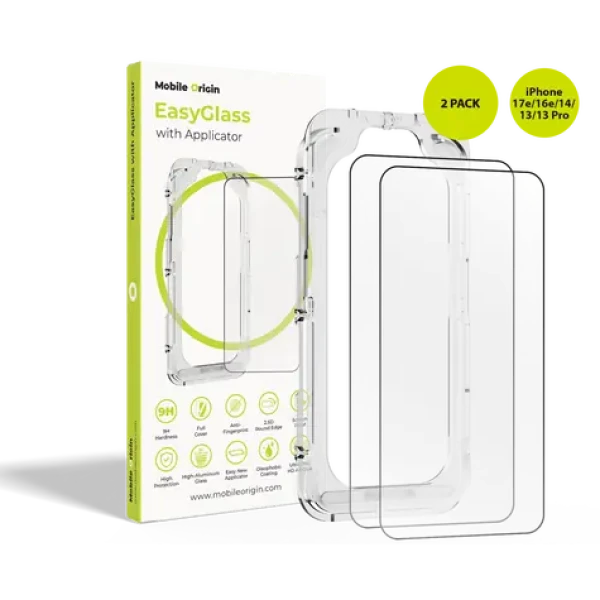 Mobile Origin EasyGlass Ochranné sklo EasyGlass s aplikátorom pre Apple iPhone 17e 16e 14 13 13 Pro / 2ks (EGA-i14-2pk)
