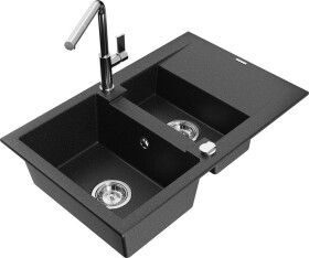 MEXEN/S MEXEN/S - Gaspar granitový drez 1.5 s odkvapkávačom vrátane batérie Flora, čierna/strieborná 6507-73-670401-00