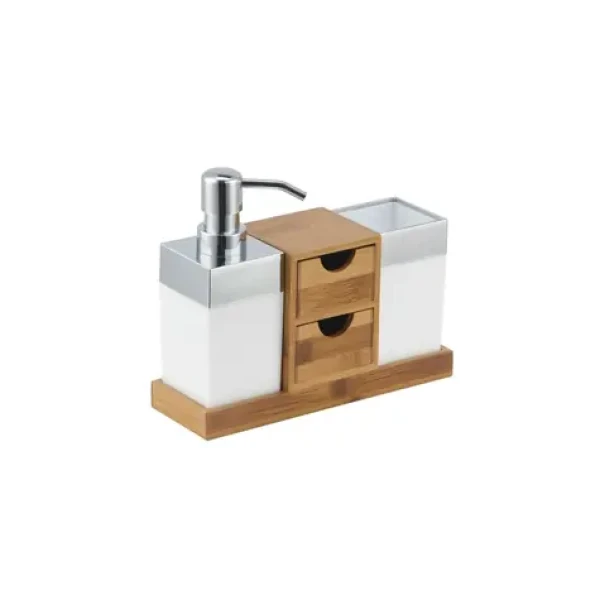 MSV KEA sada 3 ks kúpeľňových doplnkov biela / plast / bambus (3700703918936)