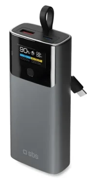 SBS 10000 mAh čierna / Powerbank / Power Delivery 20 W / LCD displej / integrovaný kábel / USB-C, USB-A