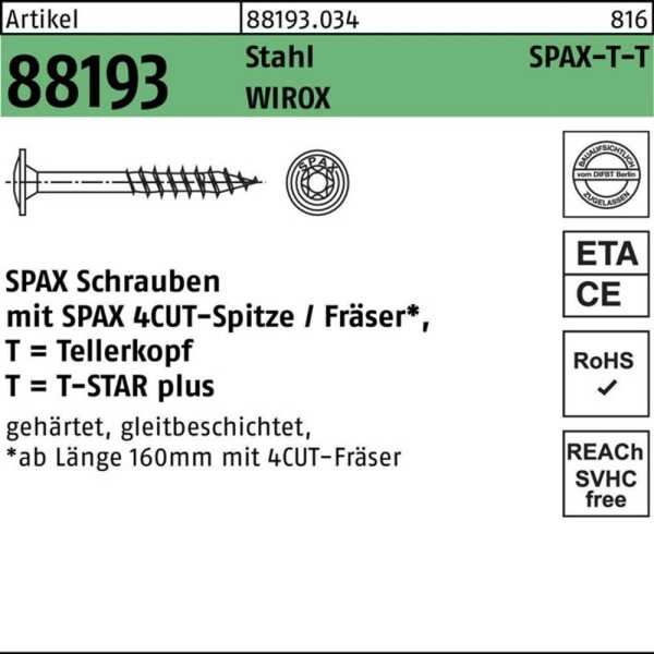 SPAX R 88193 m.Spitze/T-STAR 881930340080120 skrutka do dreva 8 mm 120 mm T-STAR plus ocel WIROX 50 ks; 0251010801205