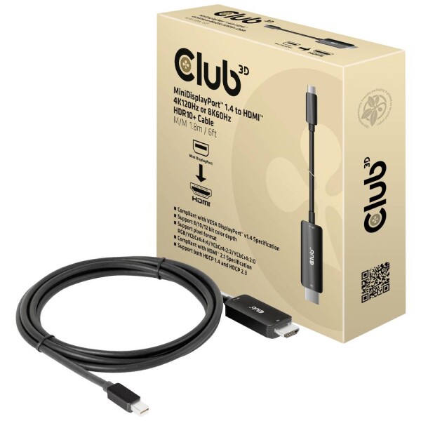 Club3D Mini-DisplayPort / HDMI prepojovací kábel Mini DisplayPort konektory, Zástrčka HDMI-A 1.80 m čierna CAC-1187 Kábel DisplayPort; CAC-1187