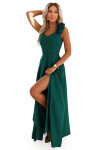 643-1 Elegantné večerné maxi šaty s rozparkom a ružami - fľaškovo zelené M