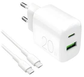 Puro PRO LITE 20W biela / Cestovná nabíjačka / USB-A + USB-C / kábel USB-C - USB-C 1,2 m