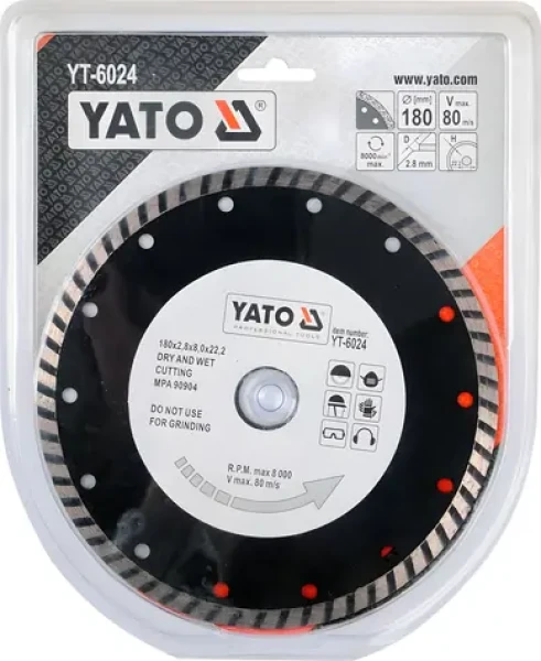 YATO Kotúč diamantový rezný 180x22,2 mm turbo / Suché aj mokré rezanie / Betón, dlažba, murivo / Max. 8000 ot/min (YT-6024)