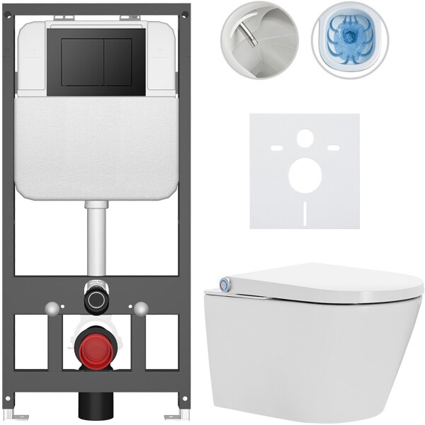 CERANO - Závesné WC s bidetom Basic/Cronus Standard - biela lesklá - WC tlačidlo Maxio/Čierna - závesné - predstenová inštalácia - 59,3x38,4 CER-8050BD86443