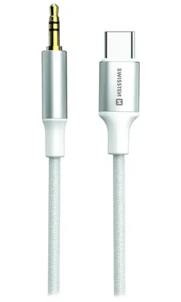 Swissten TEXTILE Audio adaptér USB-C (M) - 3.5mm Jack 1.5m biela (73502310)