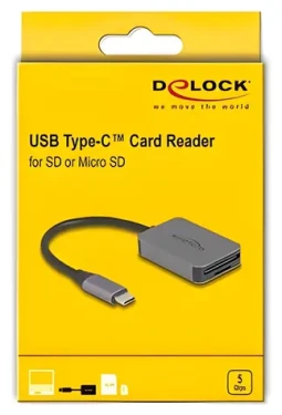 DeLock USB-C čítačka kariet SD/microSD šedá / Čítačka kariet / USB-C 3.2 Gen 1 / 5 Gbps (91009)