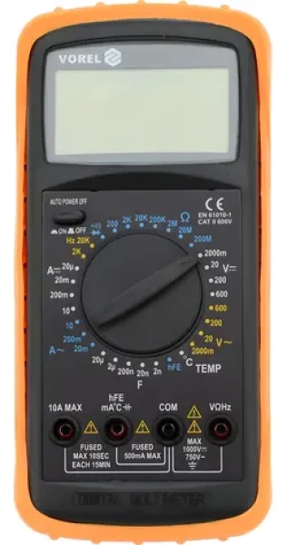 Vorel Multimeter digitálny / Multimeter / AC/ DC 600V / test diód a tranzistorov / LCD displej / silikónové puzdro (TO-81784)
