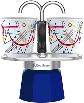 Bialetti MINI EXPRESS Set Kandinsky modrá / Sada: fontánová moka kanvička (90 ml) + 2x hrnček (Wassily Kandinsky) (8006363027663)
