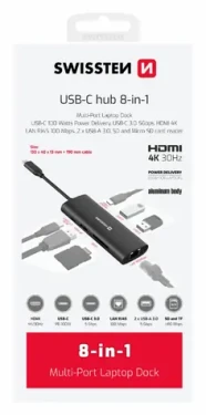 Swissten USB-C HUB 8-IN-1 / USB-C PD / USB-C 3.0 / 2x USB 3.0 / LAN / HDMI / SD / MicroSD / hliník (44040203)