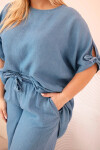 Plus size set z materiálu tencel, blúzka s viazankou a široké džínsové nohavice UNI