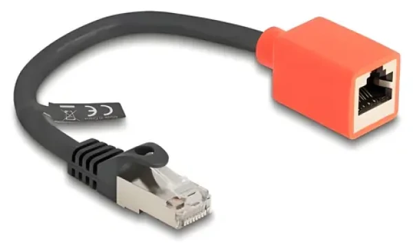 DeLock / Ochranný adaptér RJ45 / Cat.6A S/FTP / odlamovacia poistka / 0,2 m / čierna, červená (88197)