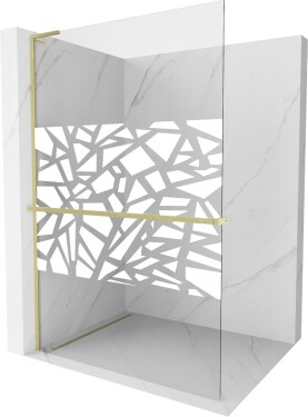 MEXEN/S - Kioto+ L Sprchová zástena WALK-IN s poličkou a držiakom uterákov 90 x 200, biely vzor, zlatá kartáčovaná 800-090-123-55-85