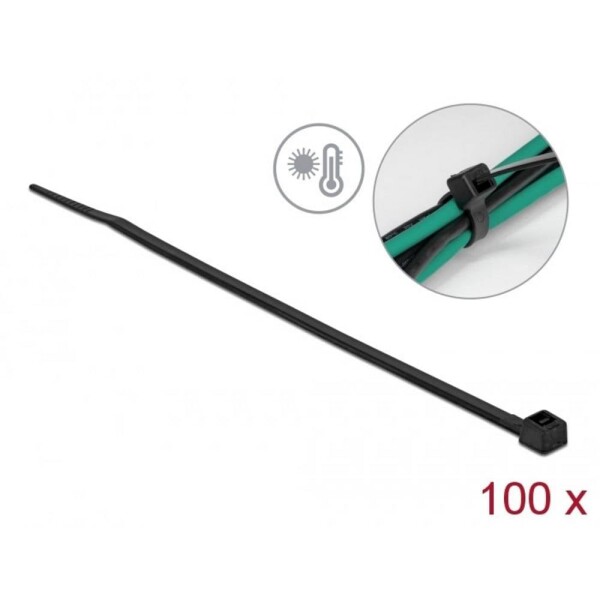 Delock 19353, sťahovacie pásky, čierna, žiarovo stabilizované, opakovane použiteľné, 100 ks; 19353